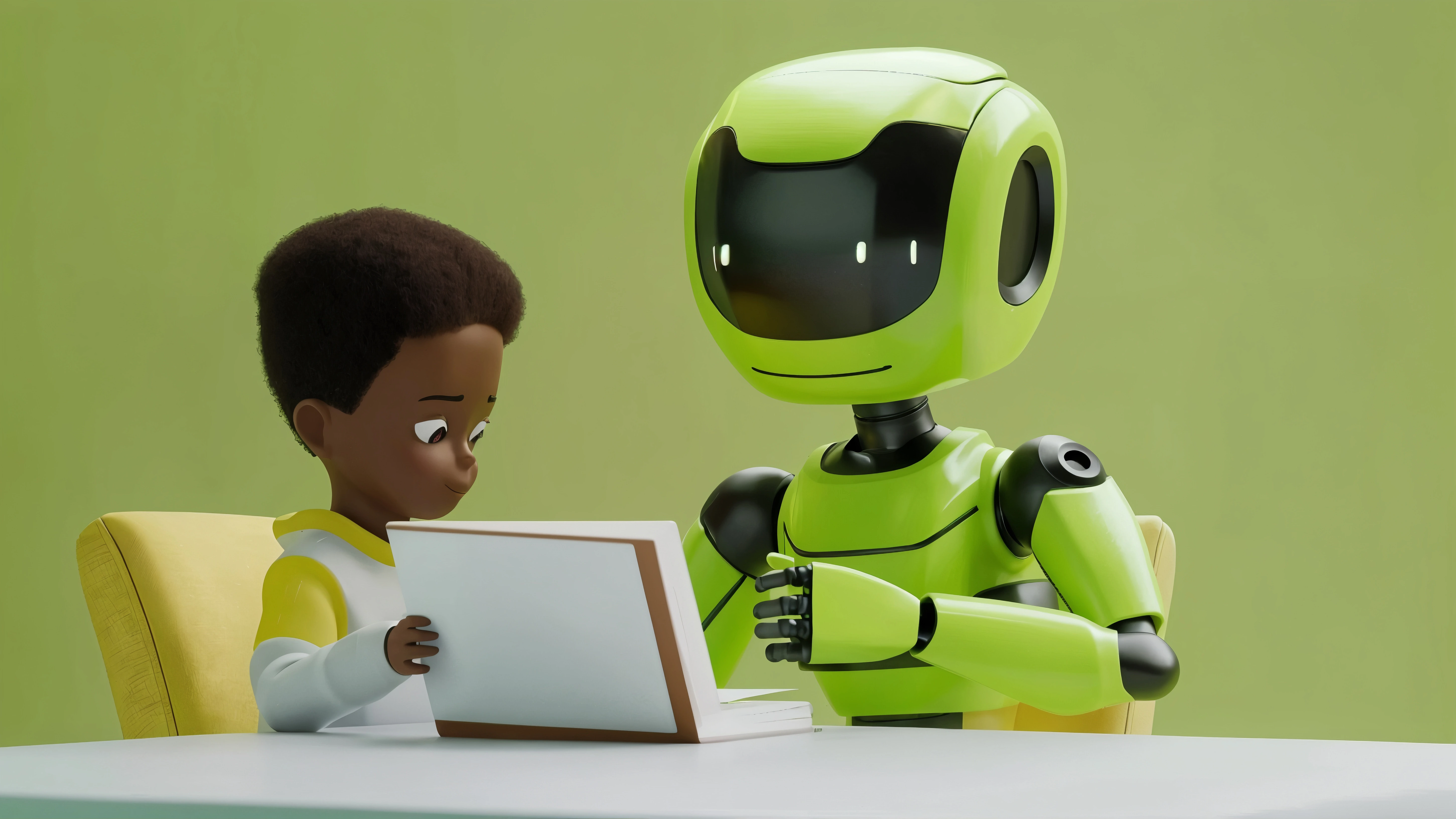 Child sitting with AI robot companion - dangers of AI chatbot apps like Character.AI and Replika for kids
