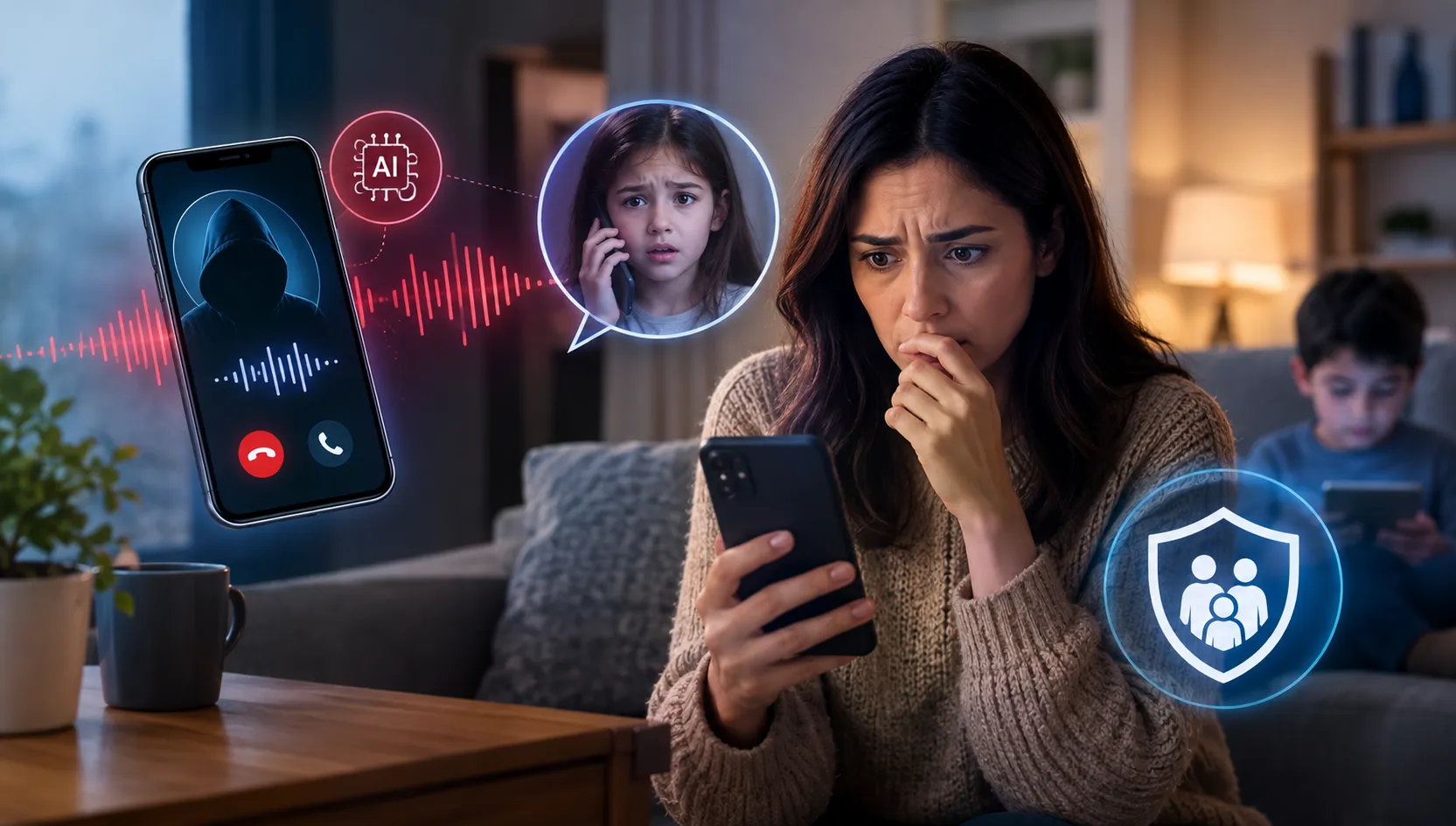 Worried mother receiving an emergency phone call with digital sound waves and cyber security shield overlay.