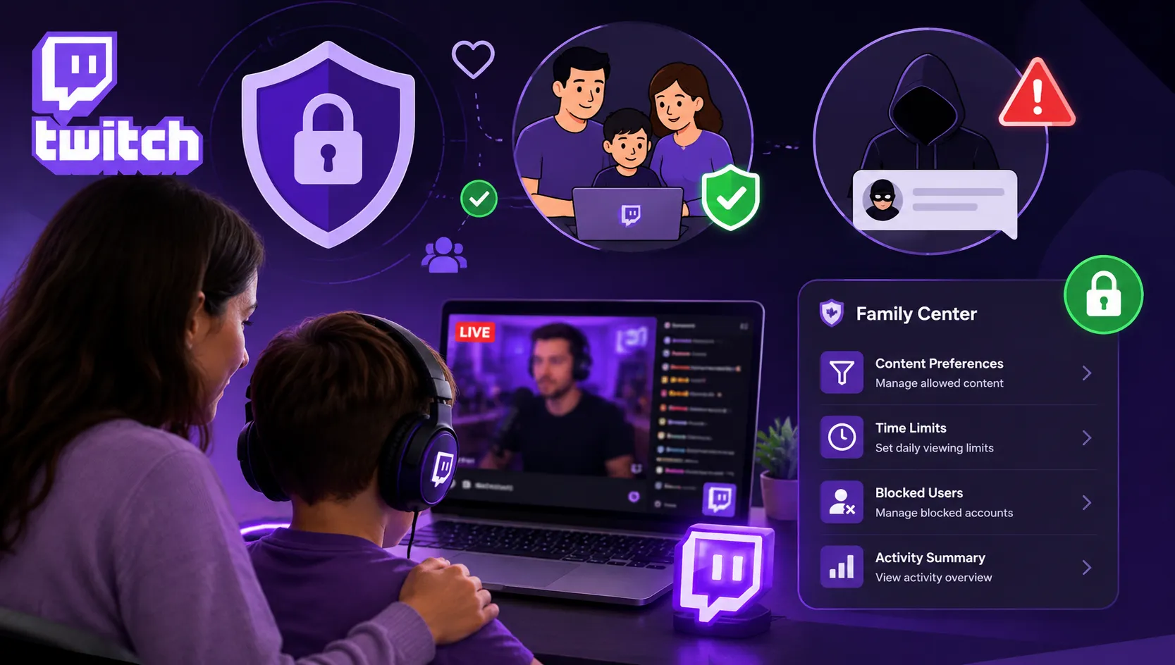 Parent and teenager reviewing Twitch streaming settings on a computer with digital safety and parental controls icons.