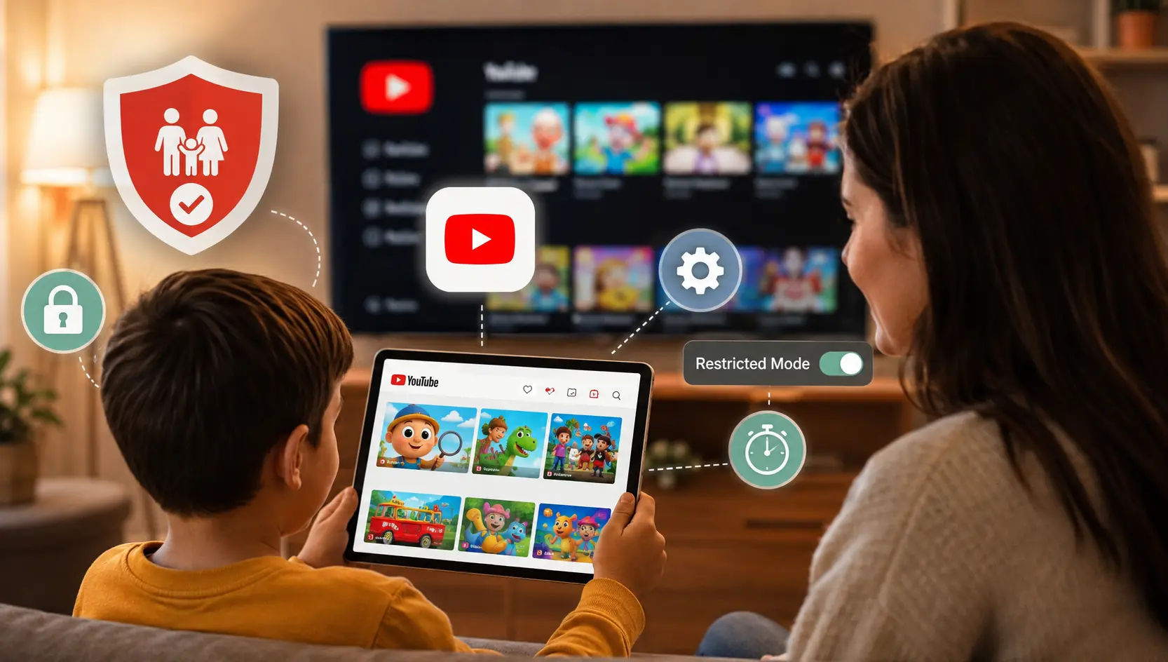 Parent supervising a child using YouTube on a tablet with parental controls, Restricted Mode, and safe online viewing features.